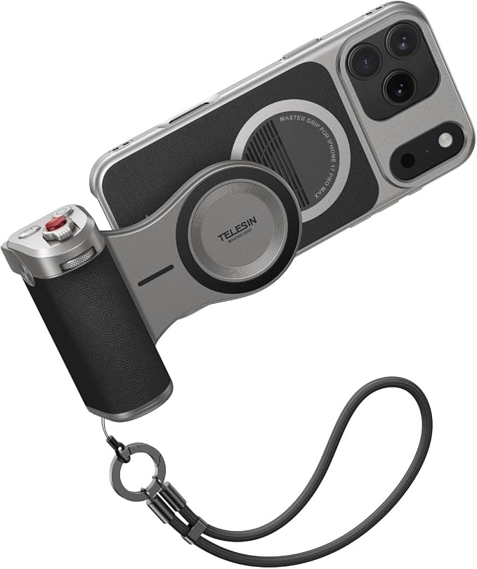 TELESIN Master Grip attached to an iPhone with the model-specific case and wrist strap shown